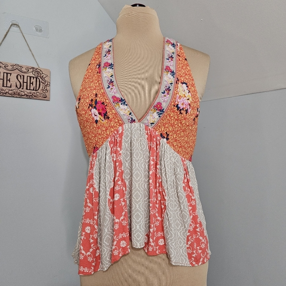 Free People Floral Patchwork Halter Top Boho Blouse Small Hippie Gypsy Open Back - Picture 1 of 15